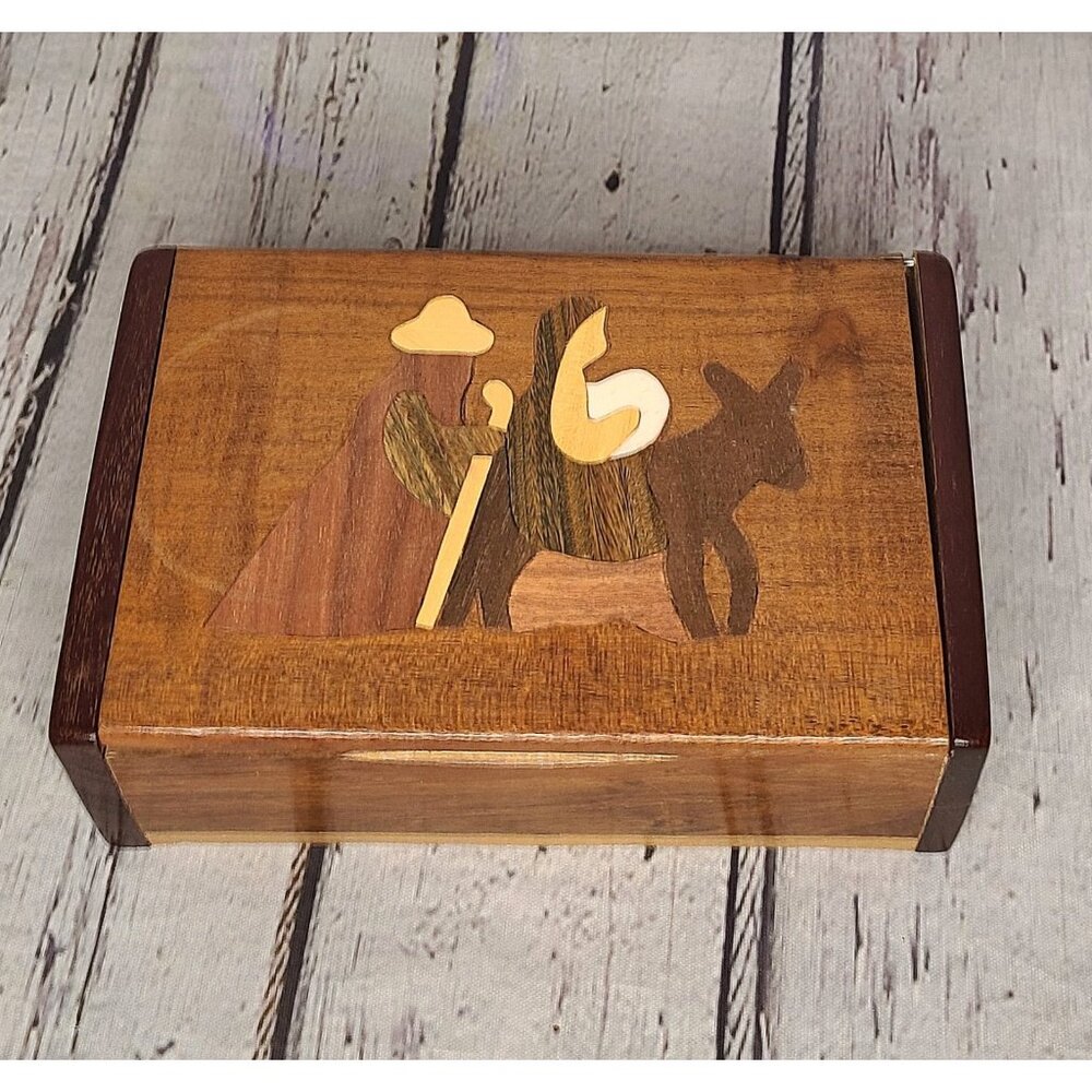 10" Siwok Handmade Nativity Inlaid Wooden Trinket Box Bethlehem Nativity Mary